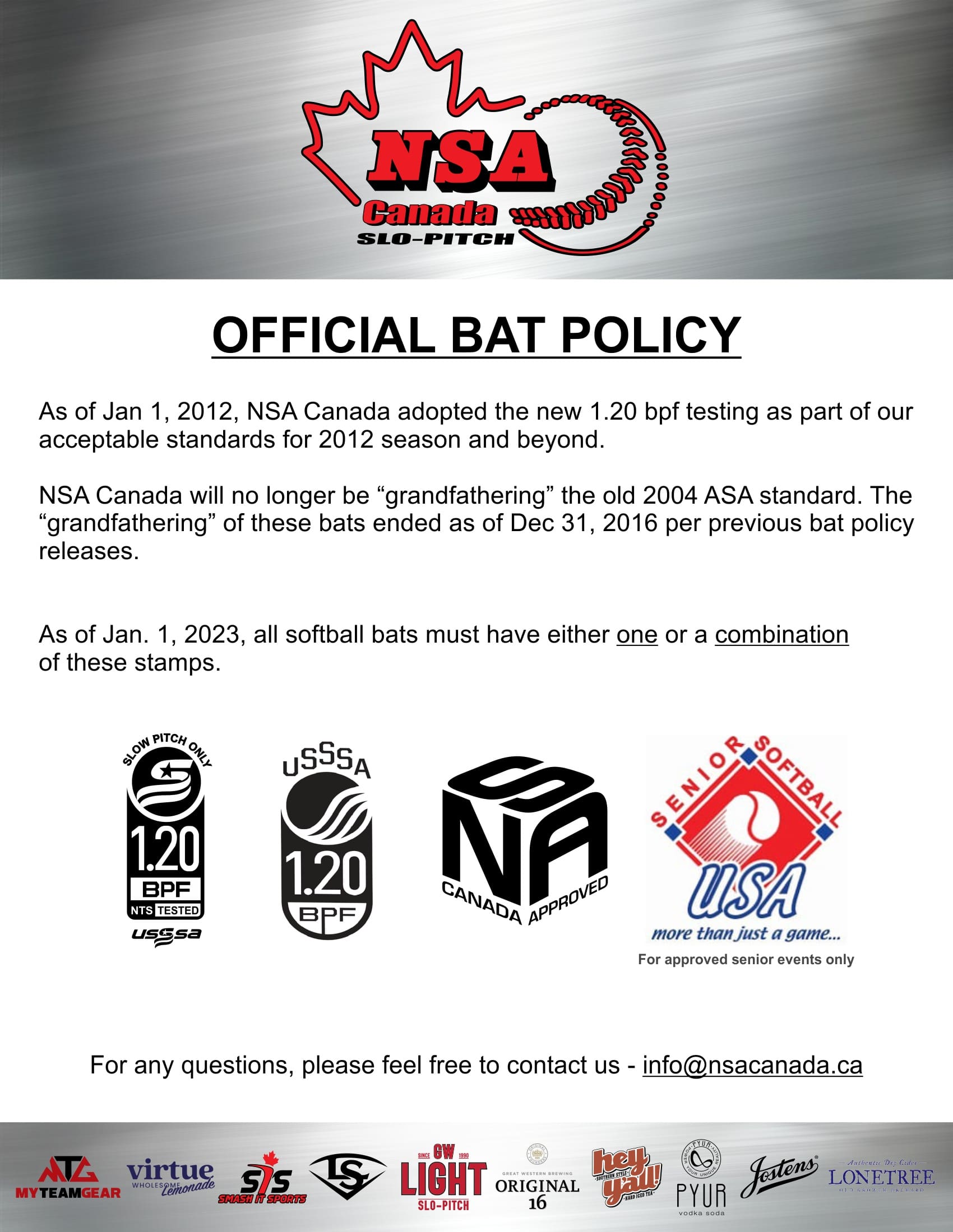 NSA Canada SloPitch 2023 Bat Standards NSA Canada